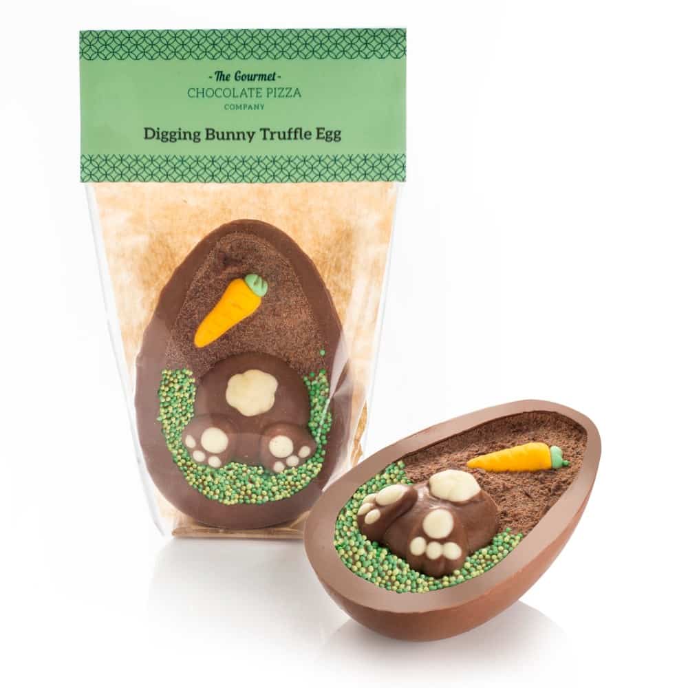 Digging Bunny Truffle filled Chocolate Easter Egg shown in and out of packaging
